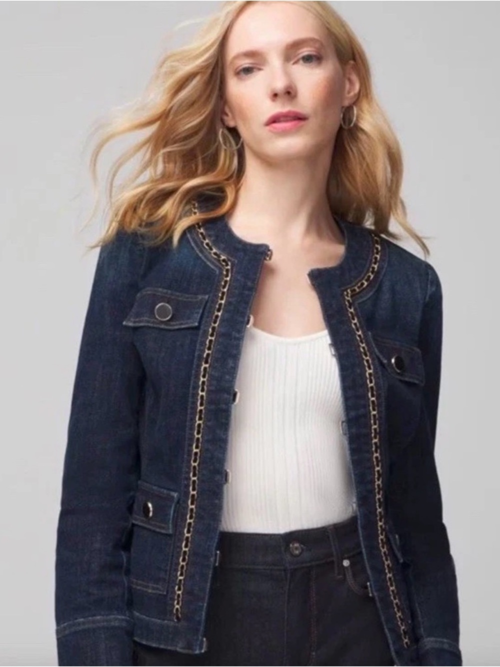 White House Black Market Stylist Dark Denim Jacket w Gold Chain Trim Edgy Rocker